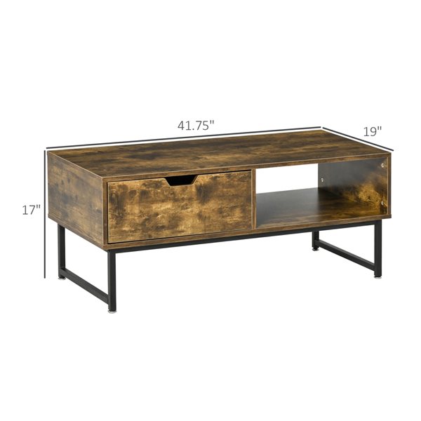 HOMCOM Brown Particle Board Rectangular 1-Drawer Coffee Table with Shelf