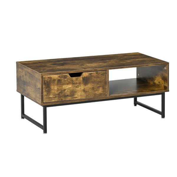 HOMCOM Brown Particle Board Rectangular 1-Drawer Coffee Table with Shelf