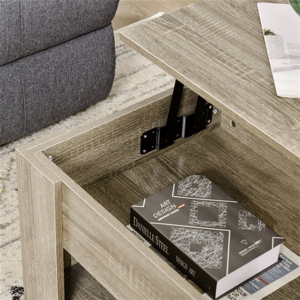 HomCom Grey Wood Lift-Top Coffee Table with Hidden Storage Space