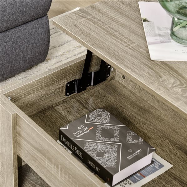 HomCom Grey Wood Lift-Top Coffee Table with Hidden Storage Space