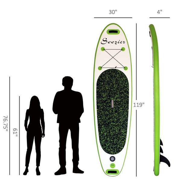 Planche à pagaie gonflable Soozier en PVC vert de 120 po x 30 po avec accessoires