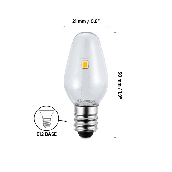 Ampoule à DEL C7 équivalent à 7W non-réglable 2700K blanc chaud par Luminus, paquet de 24