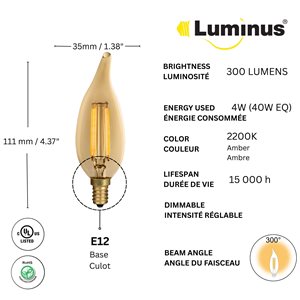 Luminus 40 Watt Vintage B11 E12 Base Dimmable Bulb with Flame Tip 2200K Amber (6-Pack)