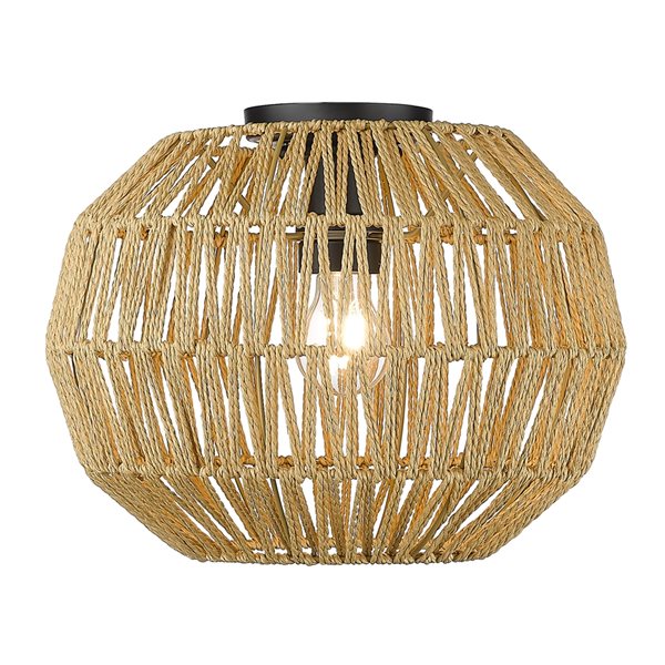 Golden Lighting Florence 14-in Matte Black Farmhouse Incandescent Flush Mount Light with Raphia Rope Shade