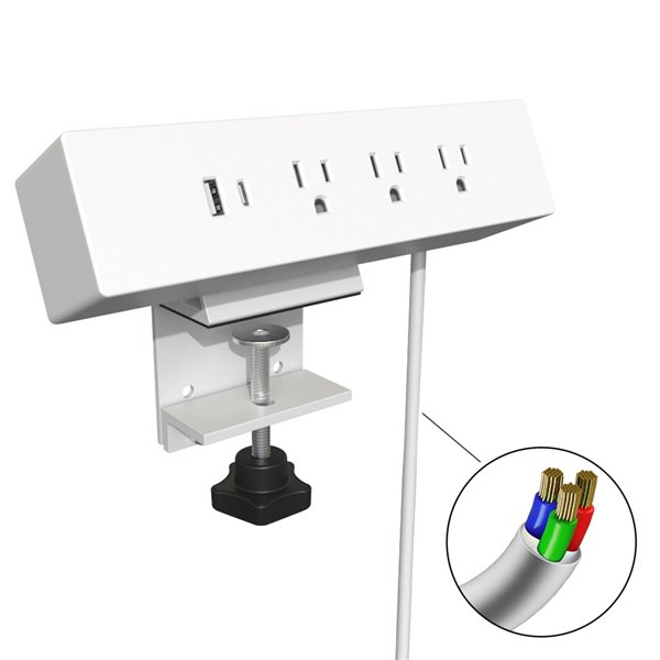 Richelieu 120 V Clamp-On Power Bar and USB Charging Station - White