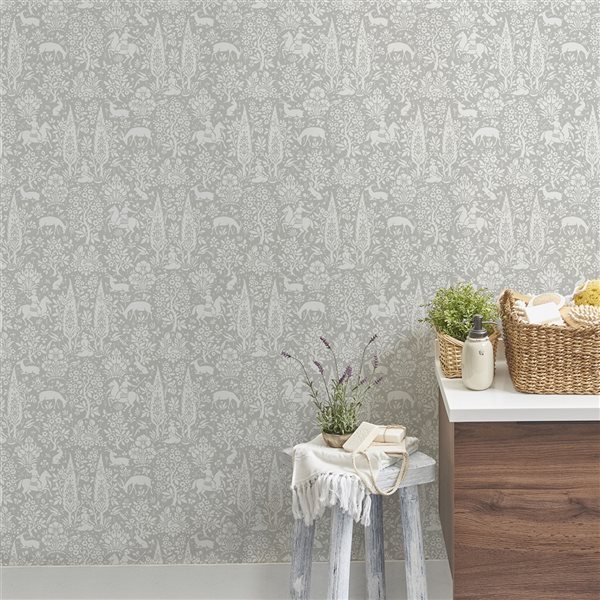 Crown Sherwood 56.4-sq. ft. Light Grey Paper Woodland Unpasted Wallpaper