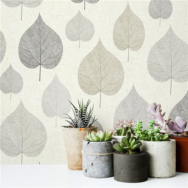 Crown Quest 56.4-sq. ft. Charcoal Grey Paper Leaf Unpasted Wallpaper