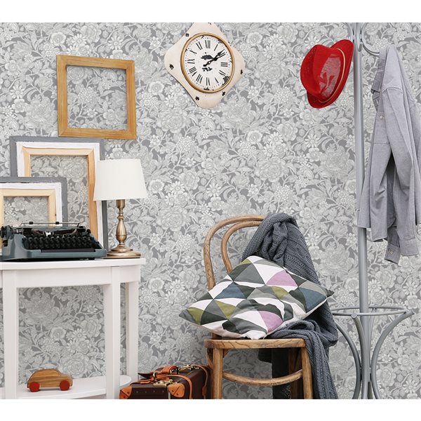 Crown Hedgerow 56.4-sq. ft. Grey Paper Floral Unpasted Wallpaper