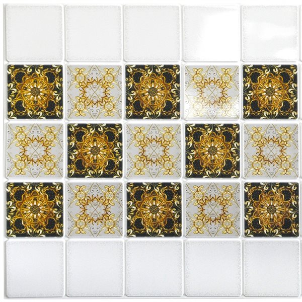 Dundee Deco Falkirk Retro 3D 38-in x 1.6-ft Embossed Faux Tile White/Black/Gold Wall Panel - Set of 5