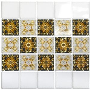 Dundee Deco Falkirk Retro 3D 38-in x 1.6-ft Embossed Faux Tile White/Black/Gold Wall Panel - Set of 5