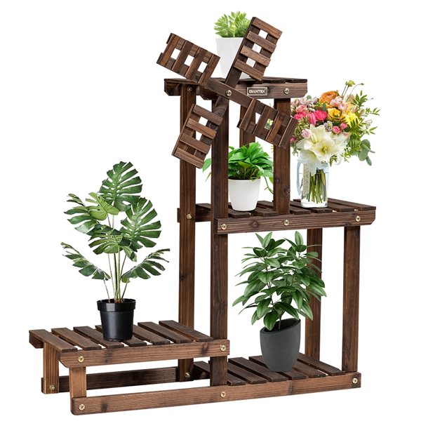 Costway 28-in Brown Indoor Windmill Design 4-Tier Wood Plant Stand ...