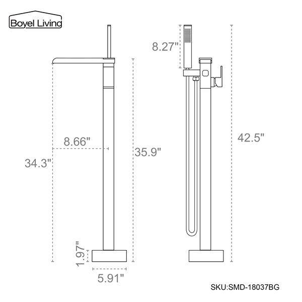 Boyel Living Floor Mount Single Handle Waterfall Tub Faucet in Brushed Gold