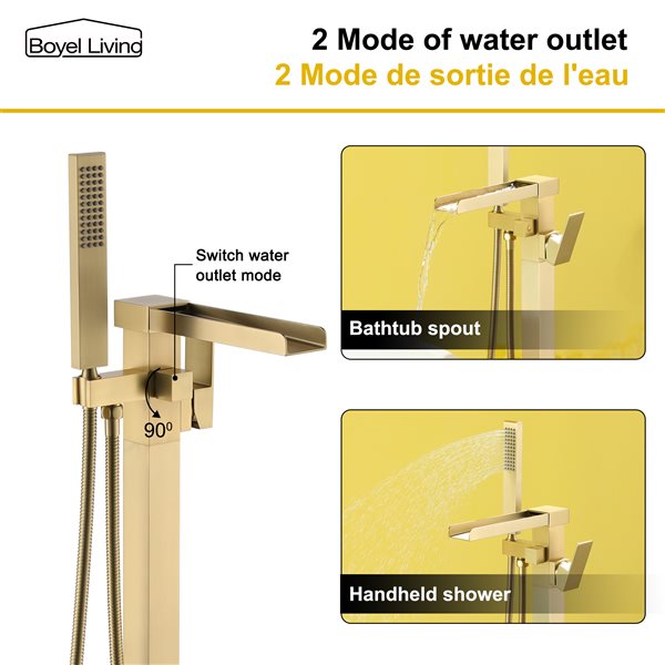 Boyel Living Floor Mount Single Handle Waterfall Tub Faucet in Brushed Gold