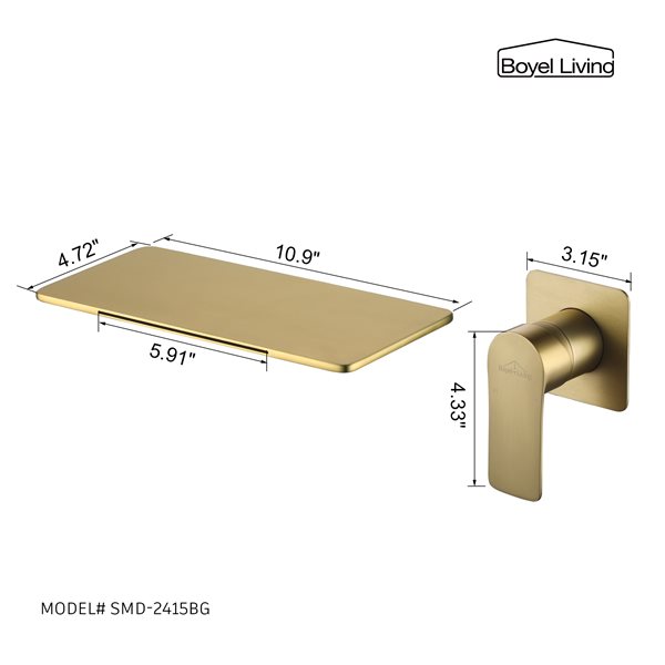 Boyel Living Wall Mount Waterfall Bathroom Sink Faucet with in Brushed Gold