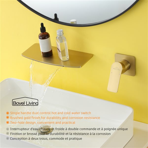 Boyel Living 1-Handle Waterfall Solid Brass Bathroom Faucet in Brushed Gold