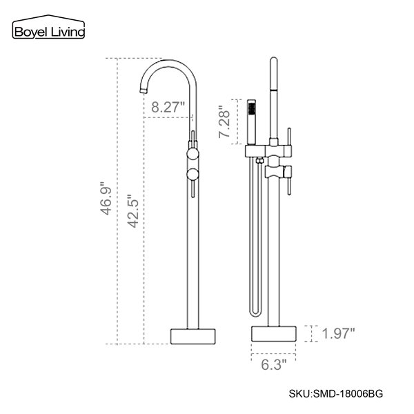 Boyel Living Freestanding 2-Handle Bath Faucet with Handheld Shower in Brushed Gold