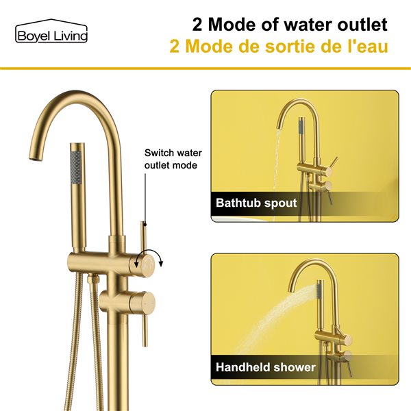 Boyel Living Freestanding 2-Handle Bath Faucet with Handheld Shower in Brushed Gold