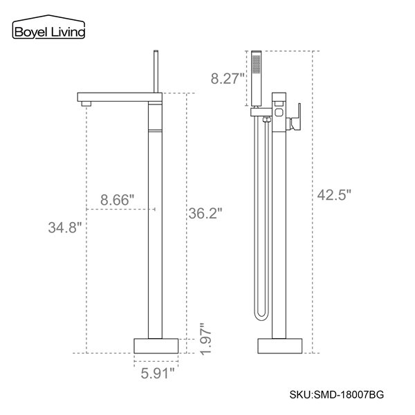 Boyel Living Single Handle Bath Tub Filler Faucet with Handheld Shower in Brushed Gold