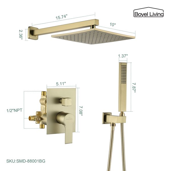 Boyel Living 10-in Wall-Mount Dual Shower Heads with Rough-In Valve Body - Brushed Gold