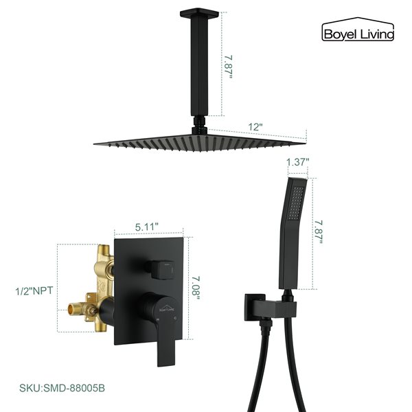 Boyel Living 2.3 GPM 12-in Ceiling Mount Dual Shower Heads in Matte Black