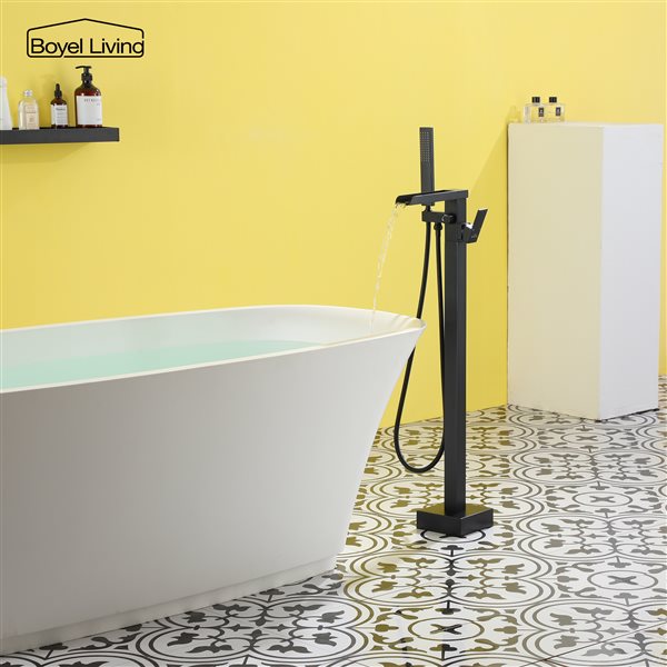 Boyel Living Freestanding Floor Mount Waterfall Tub Faucet in Matte Black