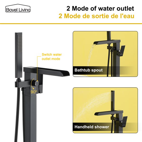 Boyel Living Freestanding Floor Mount Waterfall Tub Faucet in Matte Black