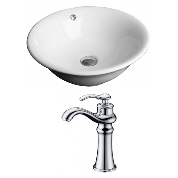 American Imaginations White Ceramic Vessel Round Bathroom Sink with Chrome Faucet (17-in x 17-in)