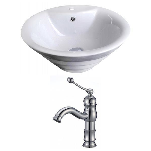 American Imaginations White Ceramic Vessel Round Bathroom Sink with Chrome Faucet (19.25-in x 19.25-in)