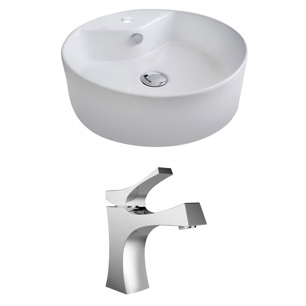 American Imaginations White Ceramic Vessel Round Bathroom Sink with Chrome Faucet (18.25-in x 18.25-in)