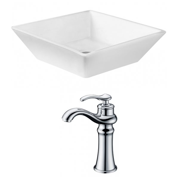 American Imaginations White Ceramic Vessel Square Bathroom Sink with Chrome Faucet (15.75-in x 15.75-in)