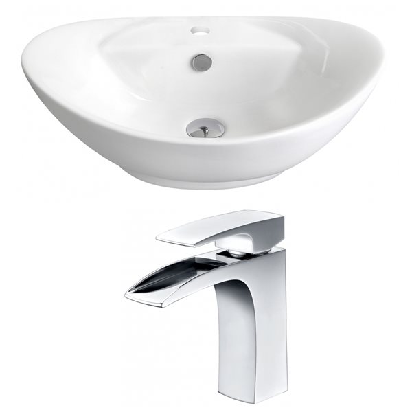 American Imaginations White Ceramic Vessel Oval Bathroom Sink with Chrome Faucet (15.25-in x 23-in)