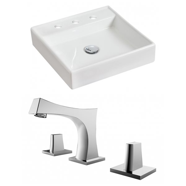American Imaginations White Ceramic Vessel Square Bathroom Sink with Chrome Faucet (17.5-in x 17.5-in)