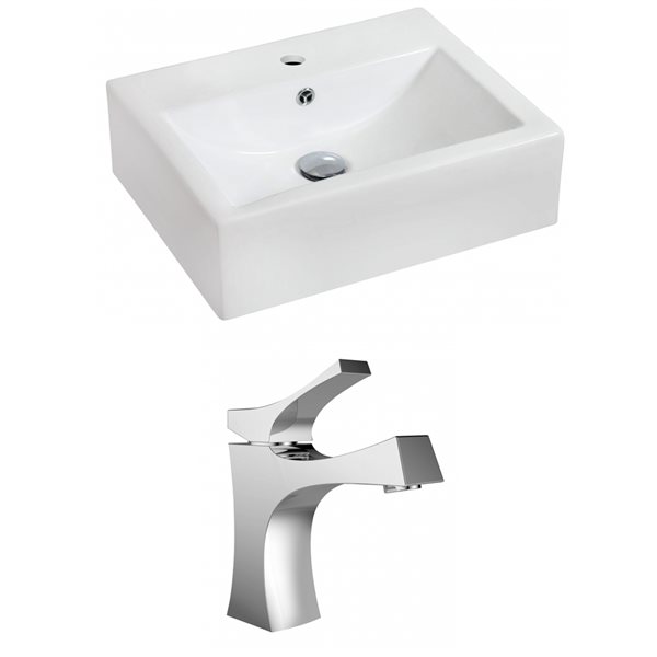 American Imaginations White Ceramic Wall-Mounted Rectangular Bathroom Sink with Chrome Faucet (16.25-in x 20.25-in)