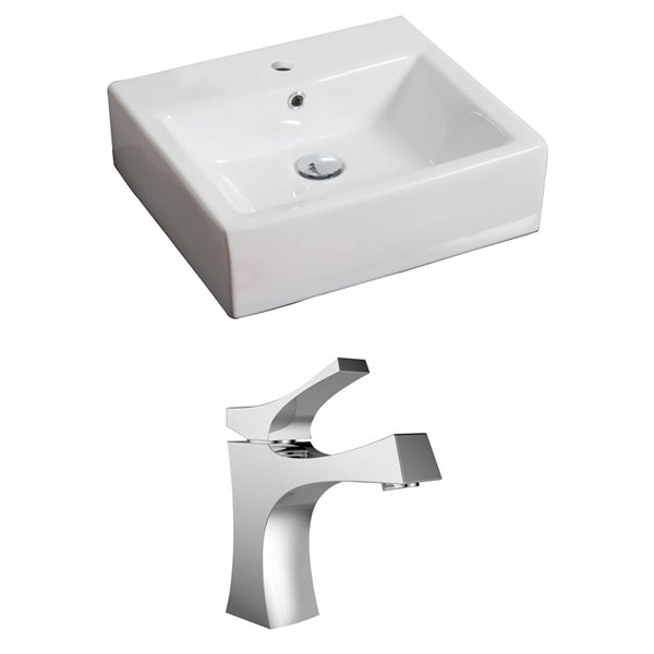 American Imaginations White Ceramic Wall-Mounted Rectangular Bathroom Sink with Chrome Faucet (16.5-in x 21-in)
