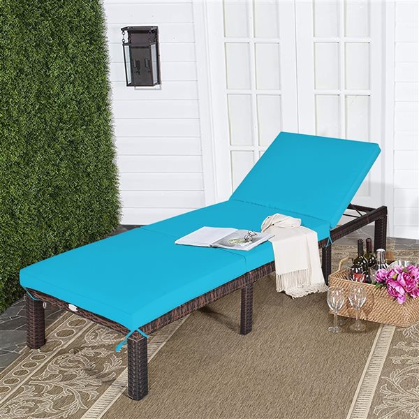 Costway Brown Rattan Metal Stationary Adjustable Chaise Lounge with Blue Cushioned Seat - Set of 2