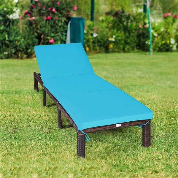 Costway Brown Rattan Metal Stationary Adjustable Chaise Lounge with Blue Cushioned Seat - Set of 2