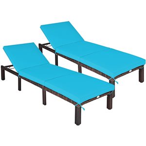 Costway Brown Rattan Metal Stationary Adjustable Chaise Lounge with Blue Cushioned Seat - Set of 2