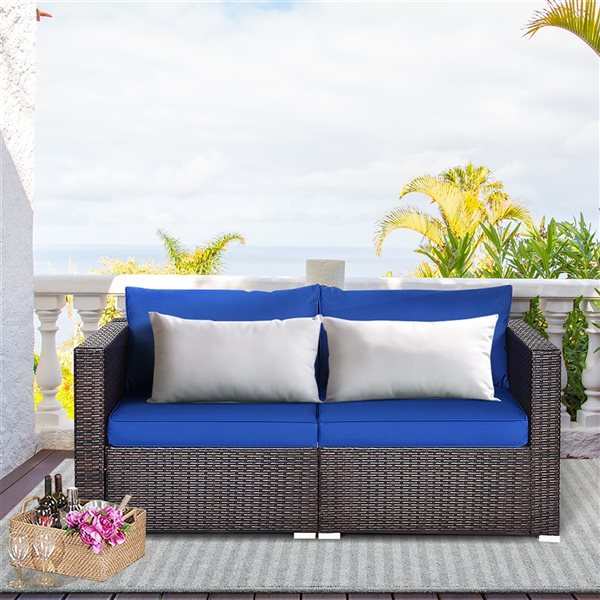 Costway Rattan Outdoor Sofa with Navy Cushions Included and Brown Aluminum Frame - Set of 2