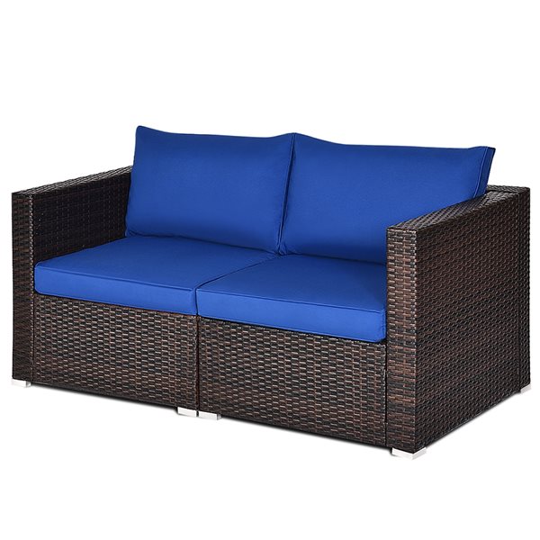 Costway Rattan Outdoor Sofa with Navy Cushions Included and Brown Aluminum Frame - Set of 2