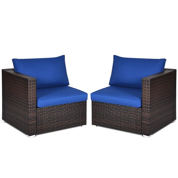 Costway Rattan Outdoor Sofa with Navy Cushions Included and Brown Aluminum Frame - Set of 2