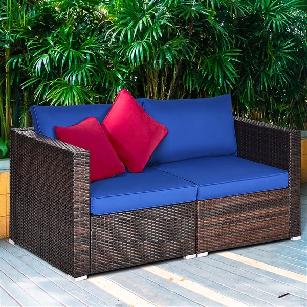 Costway Rattan Outdoor Sofa with Navy Cushions Included and Brown Aluminum Frame - Set of 2