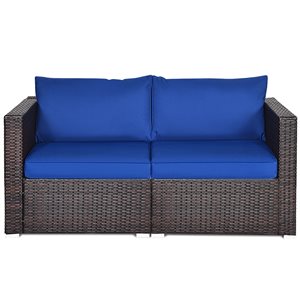 Costway Rattan Outdoor Sofa with Navy Cushions Included and Brown Aluminum Frame - Set of 2