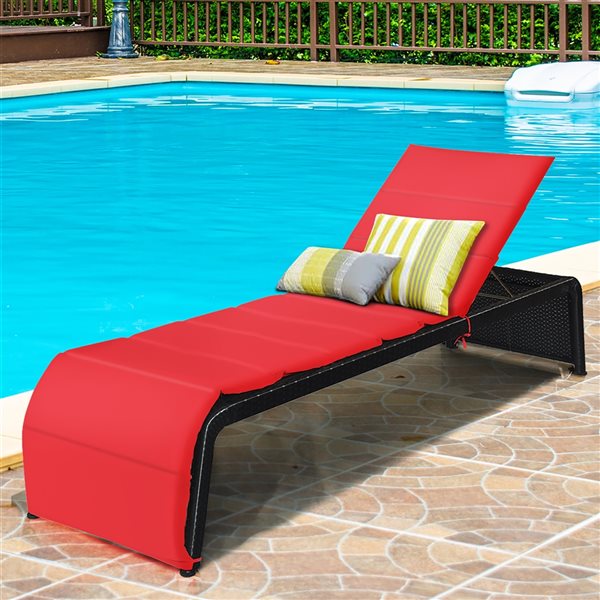 Costway Brown Rattan Metal Adjustable Stationary Chaise Lounge with Red Cushioned Seat - Set of 2