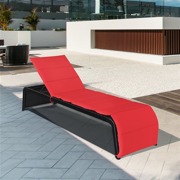 Costway Brown Rattan Metal Adjustable Stationary Chaise Lounge with Red Cushioned Seat - Set of 2