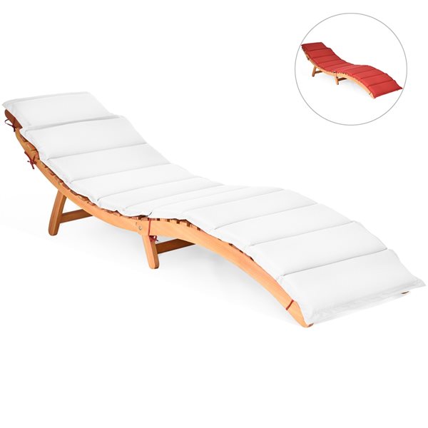 Costway Brown Wood Stationary Chaise Lounge with White/Red Cushioned Seat - Set of 2