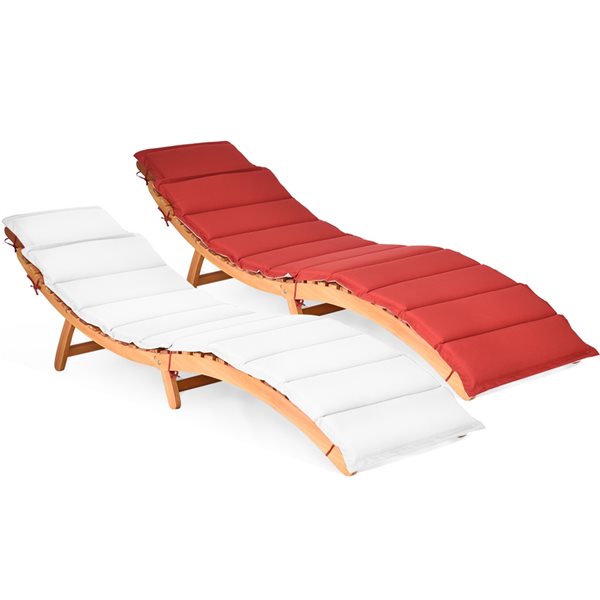 Costway Brown Wood Stationary Chaise Lounge with White/Red Cushioned Seat - Set of 2