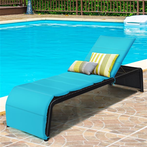 Costway Brown Rattan Metal Adjustable Stationary Chaise Lounge with Blue Cushioned Seat - Set of 2