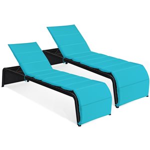 Costway Brown Rattan Metal Adjustable Stationary Chaise Lounge with Blue Cushioned Seat - Set of 2