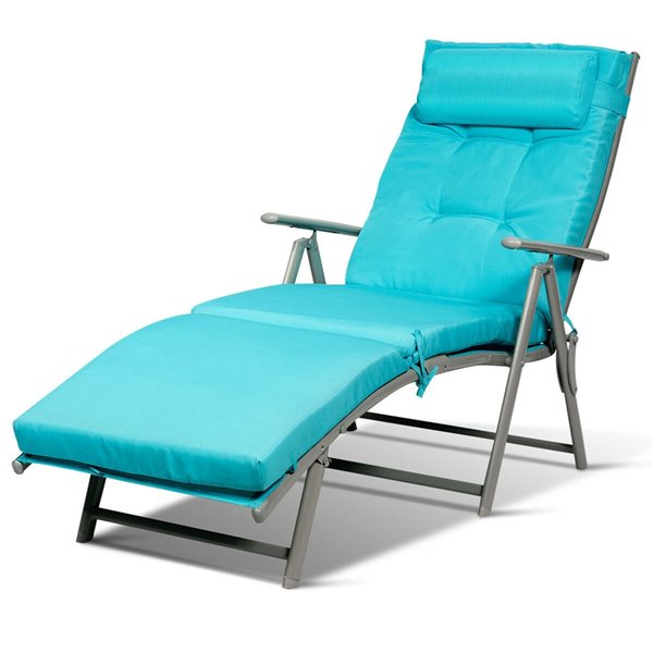 Costway Grey Metal Stationary Chaise Lounge with Blue Cushioned Seat - Set of 2