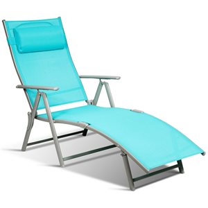 Costway Grey Metal Stationary Chaise Lounge with Blue Cushioned Seat - Set of 2